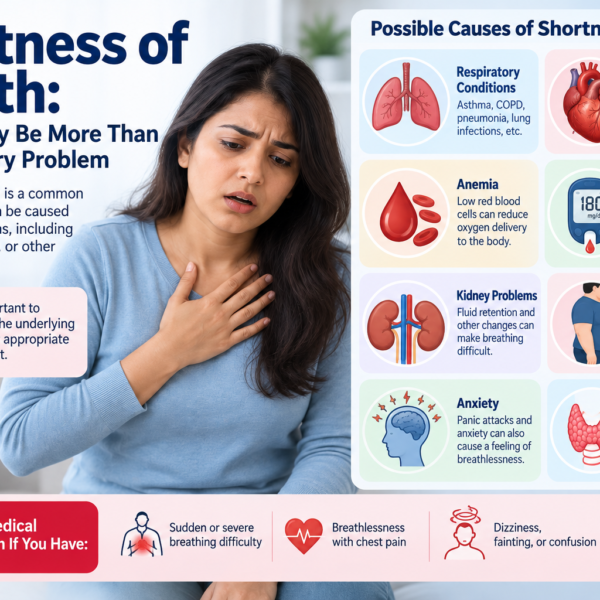 Medical illustration explaining possible causes of shortness of breath including heart disease anemia and respiratory conditions