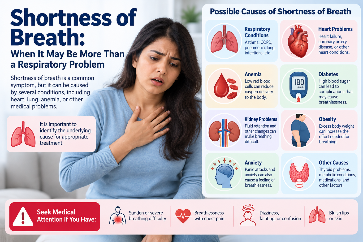 Medical illustration explaining possible causes of shortness of breath including heart disease anemia and respiratory conditions